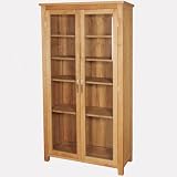 MODERN 100% SOLID OAK CONTEMPORARY 'BROOKLYN' TALL 2 DOOR GLAZED BOOKCASE / GLASS DISPLAY CABINET