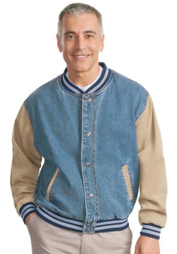 Port Authority Men's Big Denim And Twill Letterman Jacket, Light Blue/Khaki, Small On Sale
