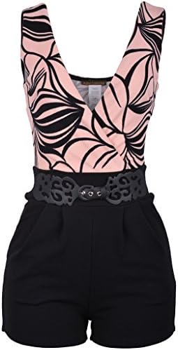 Women's V-Neck Floral Lace Print Sleeveless Short Pants Jumpsuit Romper Floral Peach Large