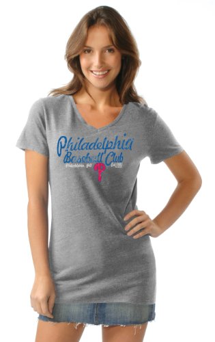 MLB Women's Philadelphia Phillies Short Sleeve V Neck Tee (Grey, Large)