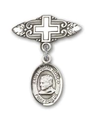 Sterling Silver Baby Badge with St. John Bosco Charm and Badge Pin with Cross