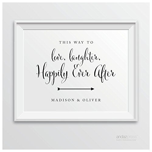 Andaz Press Personalized Wedding Party Signs, Formal Black and White, 8.5-inch x 11-inch, This Way To Love, Laughter & Happily Ever After, 1-Pack, Custom Made Any Name Andaz Press Personalized Wedding Party Signs, Formal Black and White, 8.5-inch x 11-inch, This Way To Love, Laughter & Happily Ever After, 1-Pack, Custom Made Any Name