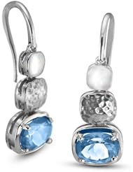 CleverEve Luxury Series November Birthstone Dangling Rhodium Plated Sterling Silver Earrings w/ Two Prong Set Oval Cut Natural Genuine Blue Topaz Stones