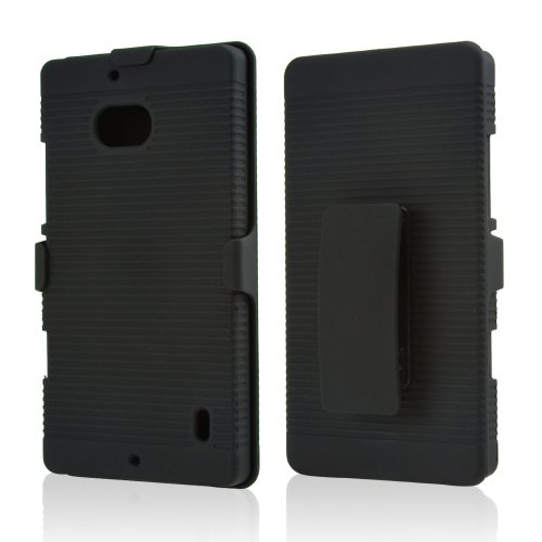 Black Rubberized Matte Hard Case & Kickstand Swivel Holster Clip Combo for Nokia Lumia Icon 929 [Verizon]