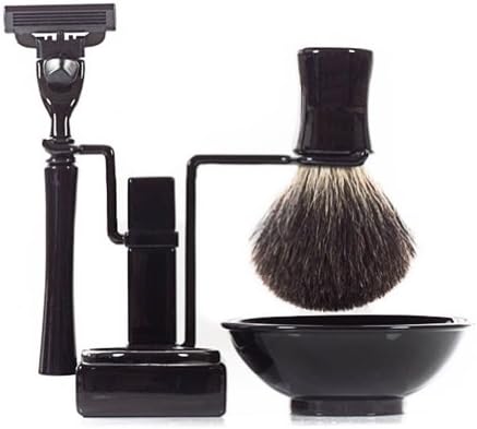Axwell USA Men's 4 pc Smooth Shaving Set with Mach 3 Razor, Brush Stand & Bowl Black