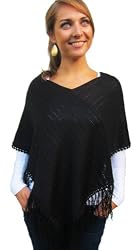 Handmade Poncho in Classic Black (100% Crocheted Border, Medium Size)
