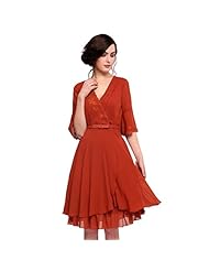 V-neck Chiffon/Polyester Elbow Length Sleeves Belted Vintage  Dress