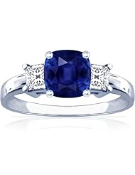 14K White Gold Cushion Cut Blue Sapphire Three Stone Ring