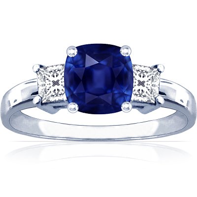 14K White Gold Cushion Cut Blue Sapphire Three Stone Ring