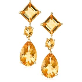 14k Yellow Gold Citrine Pear and Square Dangle Earrings by