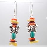 Sterling Silver Butterfly Earrings with Turquoise and Spiny Oyster Beads,#8986