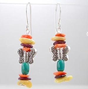 Southwestern Butterfly, Turquoise Gemstone and Spiny Oyster Bead Dangle Earrings in Sterling Silver,#8986