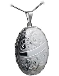 British Jewellery Workshops Silver 37x28mm engraved twisted wire edge oval Locket with Curb chain
