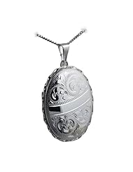 British Jewellery Workshops Silver 37x28mm engraved twisted wire edge oval Locket with Curb chain