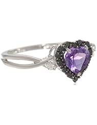 10k White Gold Heart Shaped Amethyst with Round Black and White Diamond Ring