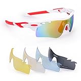 FiveBox Polarized U.V Protection Sports Glasses ,Cycling Wrap Sunglasses with 5 Interchangeable Lenses Unbreakable for Riding Driving Fishing Running Golf And All Outdoor Activities With Retail Package-White And Red.