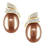 10k Yellow Gold 6.5-7mm Cultured Freshwater Chocolate Pearl and Diamond Earrings