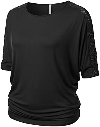 URBANCLEO PLUS Women Lace Trim 3/4 Sleeve Dolman Top Shirt BLACK 3XL Plus Size