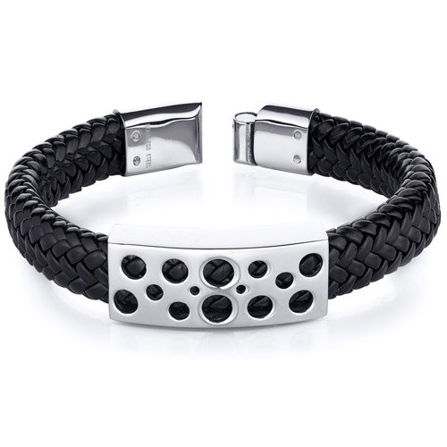Mens Circle Motif Stainless Steel Black Woven Bracelet
