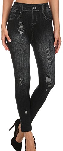 Simplicity Women's Denim Print Fake Jeans Seamless Footless Leggings,Dark Blue1