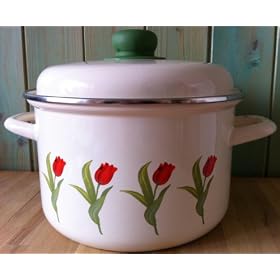 Hand Decorated Stock Pot with Lid, Non Toxic Enamel Coating, 20cm, 3.0L/pink tulips on cream