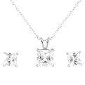 Sterling Silver With Cubic Zirconia Square Solitaire Necklace & Earring Set - Silver/White ( 18" )