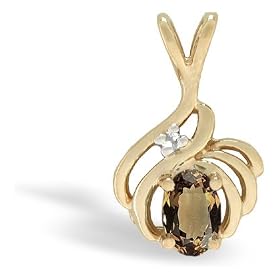 14K Yellow Gold Genuine Oval Smoky Quartz and Diamond Pendant by Jewels For Me