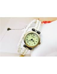 KANO BAK(TM) White Color Bronze Women Ladies Weave Wrap Coffee Leather Retro Bracelet Bangle Quartz Gift Watch