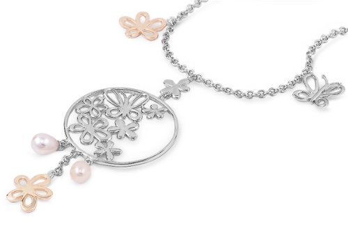 925 Two-Tone Sterling Silver Plumeria & Butterfly Necklace