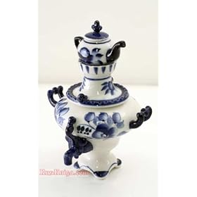Gzhel SAMOVAR & TEA POT Collectible Decor SIGNED! [Size: 8" x 5.5"(20 x 14cm); Material: porcelain/Hand painted. Set includes: samovar and small teapot] [This little samovar is no plain souvenir. It can be used in place of a bowl for fruits, or dispensing tea or hot water at the table. The small teapot on top can be more than a teapot as well - consider filling it with milk for tea or coffee. But whatever use you choose, this hand painted samovar consistently brings a touch of finery and Russian culture to the table] [Unique Russian Porcelain - Gzhel. Executed and painted by hand in the village of Gzhel in marvellous under-glaze cobalt painting technique. Perfect collectible gift for many occasions from the old country. Many of the items in our store were only made in limited quantity . Most pieces are signed by the artist]