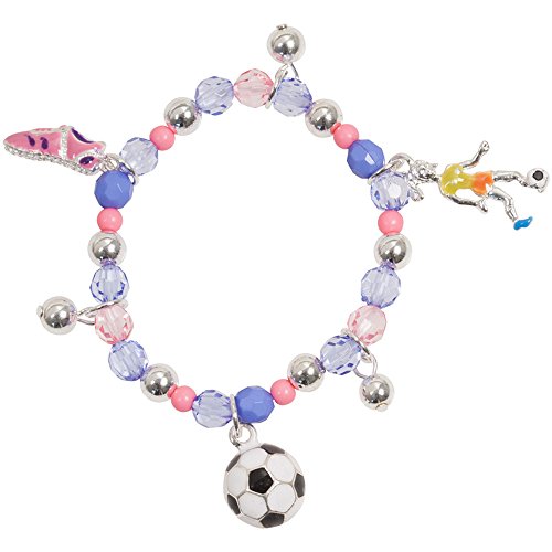 Girls Enamel Soccer Ball Silvertone Pastel Beaded Charm Bracelet