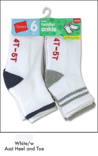 Hanes Toddler Boys Non-Skid Ankle Socks P6 - sz. 12-24 mo (White w/ Asst Heel and Toe )