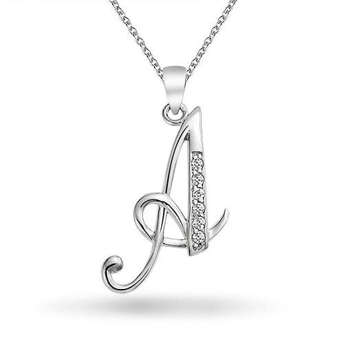 Bling Jewelry 925 Silver CZ Cursive Initial Letter Alphabet Necklace 16in