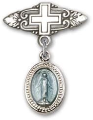 Sterling Silver Baby Badge with Blue Miraculous Charm and Badge Pin with Cross