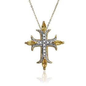 Yellow Gold Overlay Sterling Silver Citrine & Diamond Accent Cross Pendant, 18