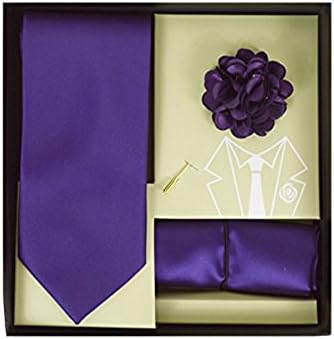 Men's Microfiber Purple Matching Necktie Tie, Hanky and Lapel Pin Box Set