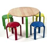 Lipper  International 559N Childs Round Natural Finish Table and 4 Multicolored Stools Set