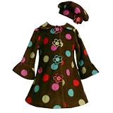 Bonnie Jean Toddler Girls 2T-4T 2-Piece BROWN MULTI POLKA DOT FLOWER BUTTON Fleece Outerwear Dress-Coat/Jacket and Hat Set