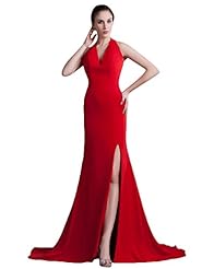 Sheath Mermaid Floor Length Natural   Waistline Slit Lace Halter Chiffon Prom Dress 