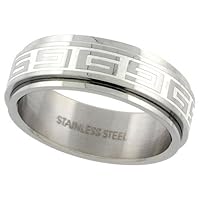 Stainless Steel 5/16 in. (8 mm) Spinner Wedding Band with Greek Key Design (Available in Sizes 7 to 14), size 7