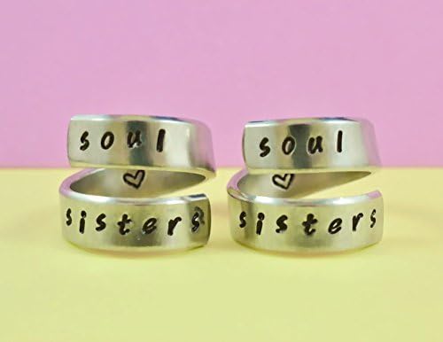 soul sisters - Hand Stamped Aluminum Spiral Rings Set, Sisters Match Rings, Best Friends Gift, Love And Friendship Jewelry, Handwritten Font
