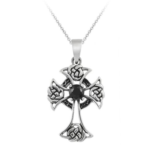 Sterling Silver Celtic Cross with Black Cubic Zirconia Center Pendant with Rolo Chain, 18″