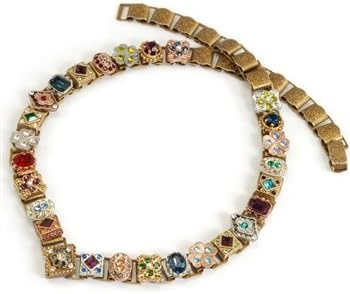 Sweet Romance, Ollipop, Designer Canterbury Chain Necklace. Size: 19-1/2" X 1/2'' Era: Victorian. This 'V' Shaped Necklace Is Styled After a "Carcanet," a Renaissance Era Collarpiece That Was Revived in the Victorian Era. Miniature Emblems, Plated in Gold, Silver and Bronze Are Set in a Palette of Regal Color Crystal, Cabochon Cut Stones and Seed Pearls. Each Is Mounted on a Bronze Finish Book Chain That Has Been Produced From Old Dies of the Late 1800s. Highly Detailed, Fascinating and Sophisticated.