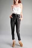 Women's Strapless Ruffle Trim Cropped Harem Jumpsuit with Belted Tie Waist and Pockets (7212, Charcoal, L)
