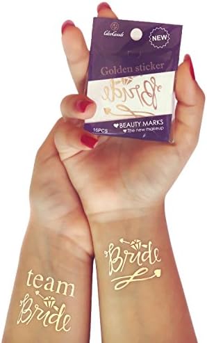 GleeGoods Set of 16 Metallic Gold Flash Temporary Bachelorette Party Tattoos Team Bride Glitter Kit Gift