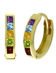 14k Gold Hoop Huggie Earrings with Genuine Multi Gemstones