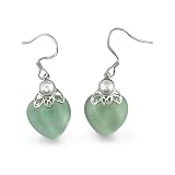 925 Silver Ladies Green Jade Heart and Cultured Pearl Drop Earrings on Shepherds Crook Fittings