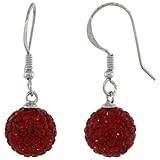 Sterling Silver 10mm Round Red Disco Crystal Ball Fish Hook Earrings, 1 1/4 in. (31mm) tall