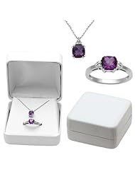 Jewelili Ring and Pendant Box Set with Checkerboard Cushion-Cut Amethyst and Diamond in Sterling Silver, Ring Sz 7