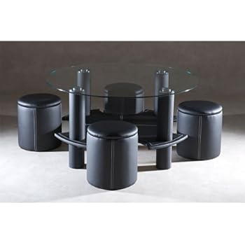 Table basse ronde + 4 poufs Noir LUNE